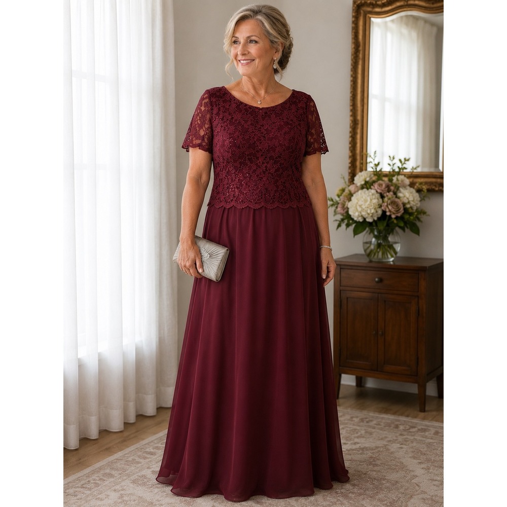 JJ's House Burgundy Lace Sequin Formal Gown Short Sleeve Maxi Dress NWT 16